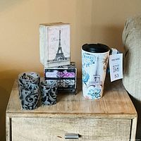 All five Paris-themed items grouped on tabletop