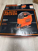 Front of retail box showing Black+Decker 4.5 Amp jigsaw
