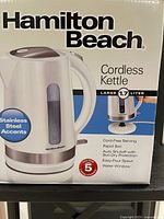 Retail box front showing Hamilton Beach Cordless Kettle details