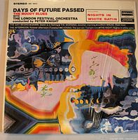 Front cover of Days of Future Passed LP showing catalog DES 18012 and shrink wrap