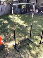 Full view of clothes rack assembled outdoors