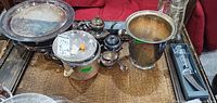 Overall lot showing trays, tea set pieces, buckets, boxed cutter