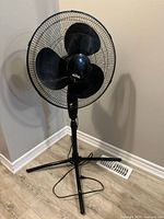 Full view of black pedestal oscillating fan
