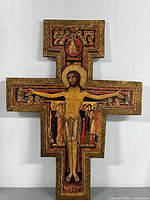 Full view of wooden San Damiano crucifix plaque