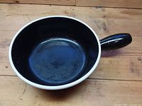 Top view of ceramic frying pan showing black interior and handle
