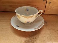 Cup on saucer showing decoration, shape and finish