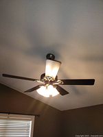 Fan installed on interior ceiling showing five blades and four light shades