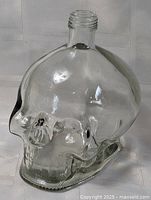 Full view of clear skull bottle showing threaded neck