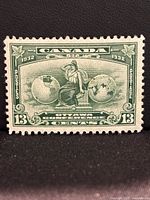 Front view of Canada 13¢ Britannia stamp showing design, color and perforations