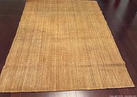 Full view of rectangular tan sisal rug laid flat on dark wood floor