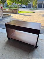 Overall view of cart showing top surface, shelf, and casters