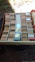 Top view of full five-row box showing sorted stacks of trading cards