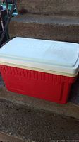 Red Thermos cooler closed on steps