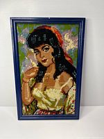 Full view of framed embroidered portrait