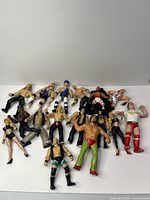Group view of all wrestling figures laid out on white surface