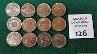Full view of 13 coins on green background with auction label