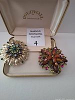 Front view of both brooches in Goldwall box