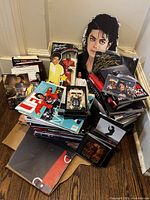 Overall lot pile showing magazines, books, vinyl, cut-out