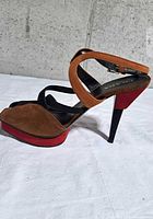 Left side view showing multicolour suede, stiletto heel, platform