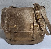 Front view showing flap, strap buckle detail and metallic crackle leather texture