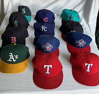 All 12 baseball caps arranged in rows