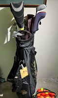Golf bag with clubs and bucket of balls