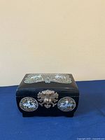 Front view showing box, circular inlays and brass clasp