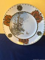 Front view showing painted winter scene and decorative border