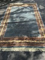 Full view of rug front showing overall pattern and fringe
