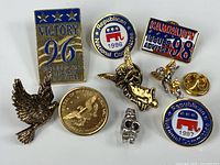 Group shot of all pins, token and clutch back