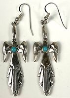 Front view of both sterling bird earrings showing turquoise stones