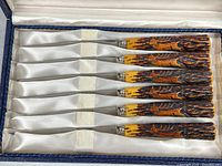 All six steak knives in satin-lined box showing handles and blades