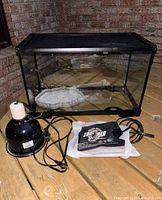 Glass terrarium with dome lamp, heater mat package, and stone dish