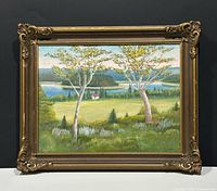 Frontal view of framed painting showing full artwork and frame details