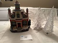 Full lot: museum building and two clear acrylic trees