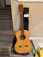 Full front view of Raven classical guitar leaning against wall with gig bag
