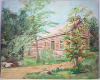 Full view of the painting showing log cabin scene