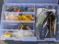 Open tackle box showing assorted lures and tackle in compartments