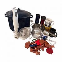 group shot showing canner, appliances, food mill, mugs, cookie cutters
