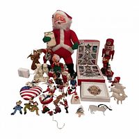 Group shot of entire lot showing Santa, Snowbabies, nutcracker, boxed White House ornament set and assorted ornaments