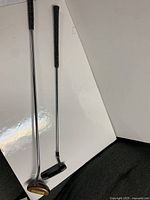 Full view of both putters showing shaft length and head designs