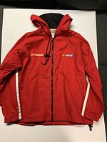 Front view of red NASCAR Budweiser Racing hooded jacket