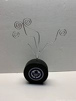 Front view of puck with logo and wire clips