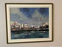 Frontal view of framed modernist oil painting