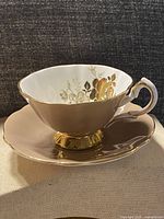 Teacup on saucer, showing exterior color and gold trim