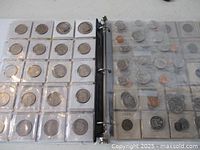 Binder open showing multiple pocket pages of Canadian 50-cent coins in flips