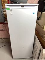 Front view of upright white freezer showing small dent on lower door