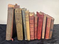 Nine upright antique books showing spine titles and wear