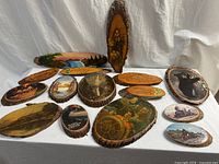 Full group of all wood plaques on table