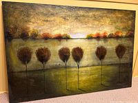 Front view of entire painting showing landscape composition and tree silhouettes